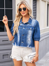 Load image into Gallery viewer, Distressed Raw Hem Button Up Denim Jacket
