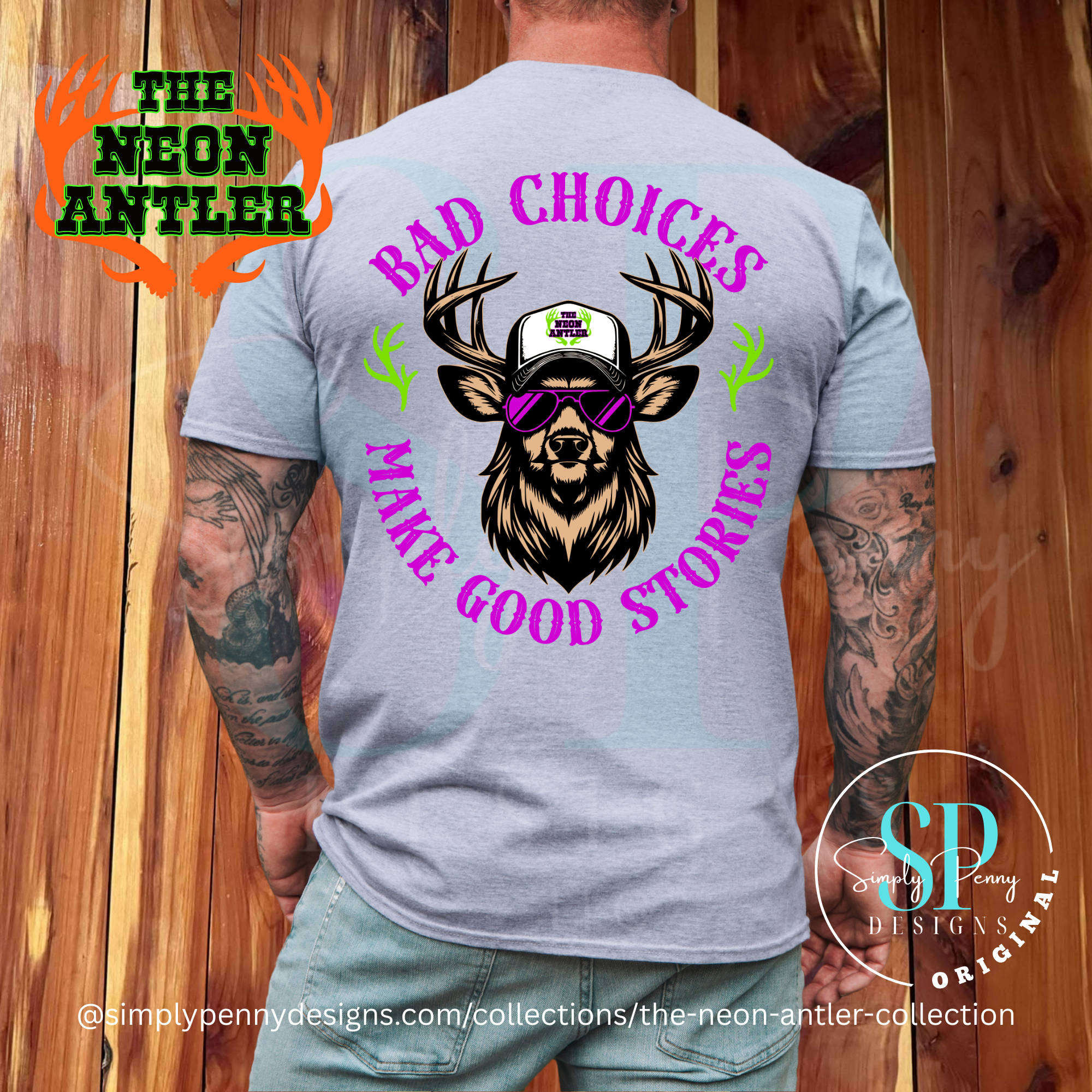 Bad Choices Make Good Stories - The Neon Antler Merch Dayton TX - Purple/Green