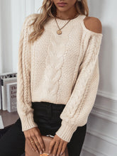 Load image into Gallery viewer, Cable Knit Round Neck Cold Shoulder Sweater
