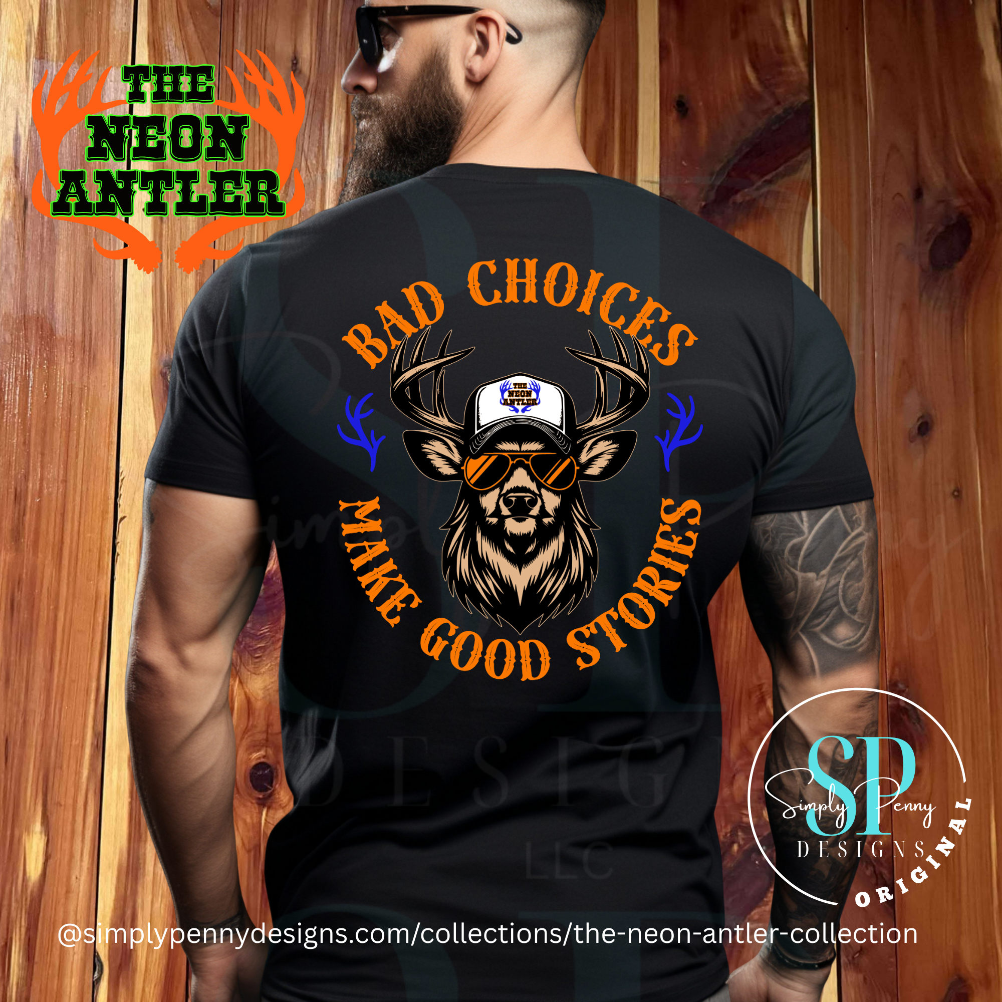 Bad Choices Make Good Stories - The Neon Antler Merch Dayton TX - Orange/Royal