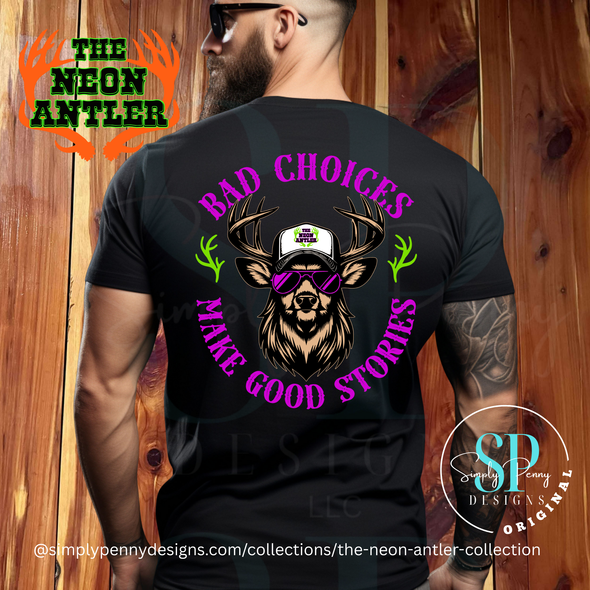 Bad Choices Make Good Stories - The Neon Antler Merch Dayton TX - Purple/Green