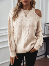 Load image into Gallery viewer, Cable Knit Round Neck Cold Shoulder Sweater
