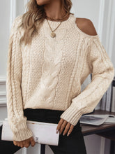 Load image into Gallery viewer, Cable Knit Round Neck Cold Shoulder Sweater
