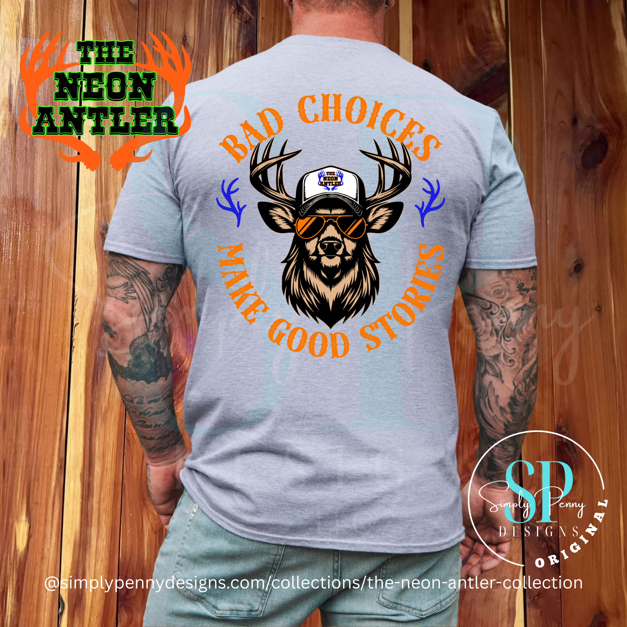 Bad Choices Make Good Stories - The Neon Antler Merch Dayton TX - Orange/Royal