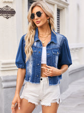 Load image into Gallery viewer, Distressed Raw Hem Button Up Denim Jacket
