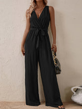 Load image into Gallery viewer, Tied Surplice Sleeveless Wide Leg Jumpsuit
