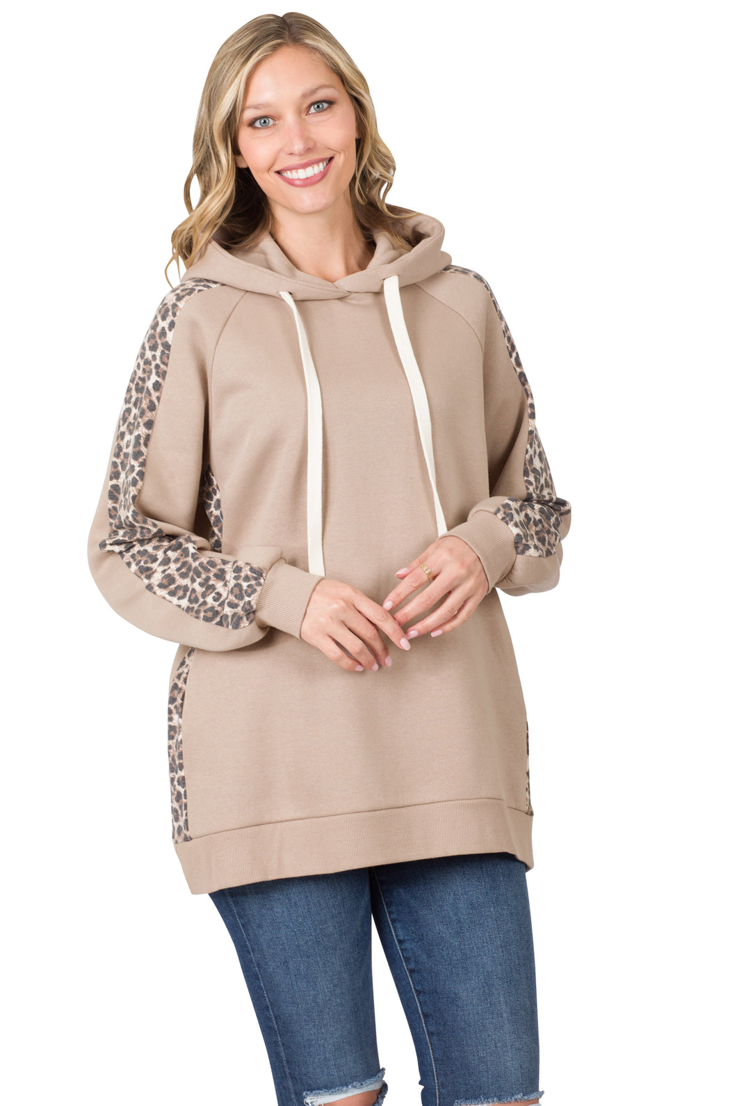 CONTRAST SIDE PANEL LEOPARD HOODIE