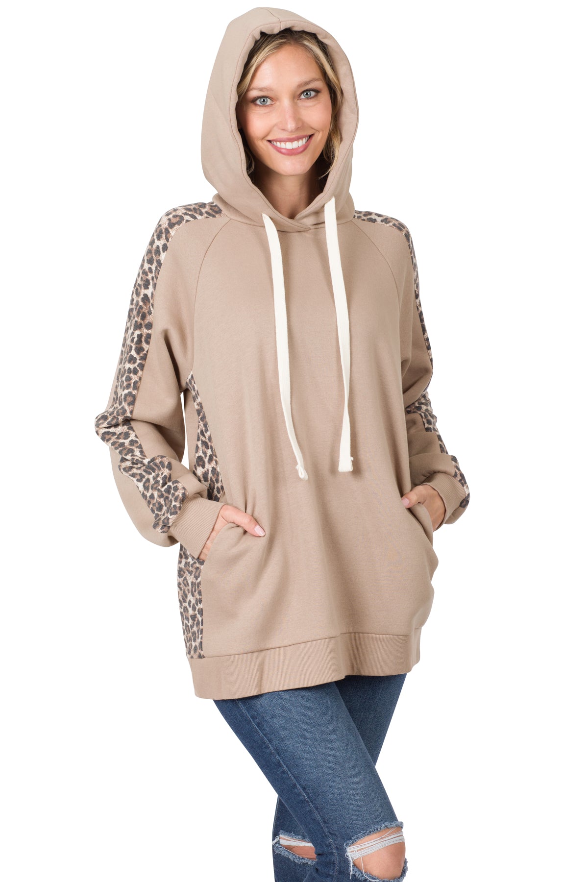 CONTRAST SIDE PANEL LEOPARD HOODIE