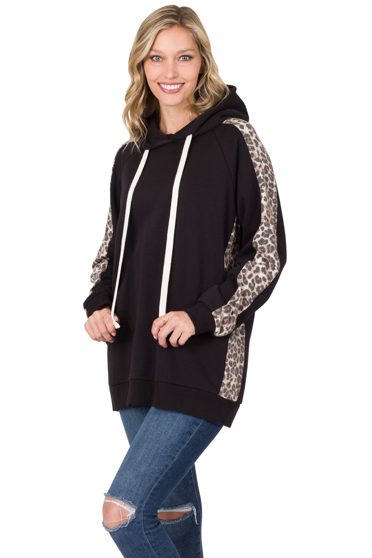 CONTRAST SIDE PANEL LEOPARD HOODIE