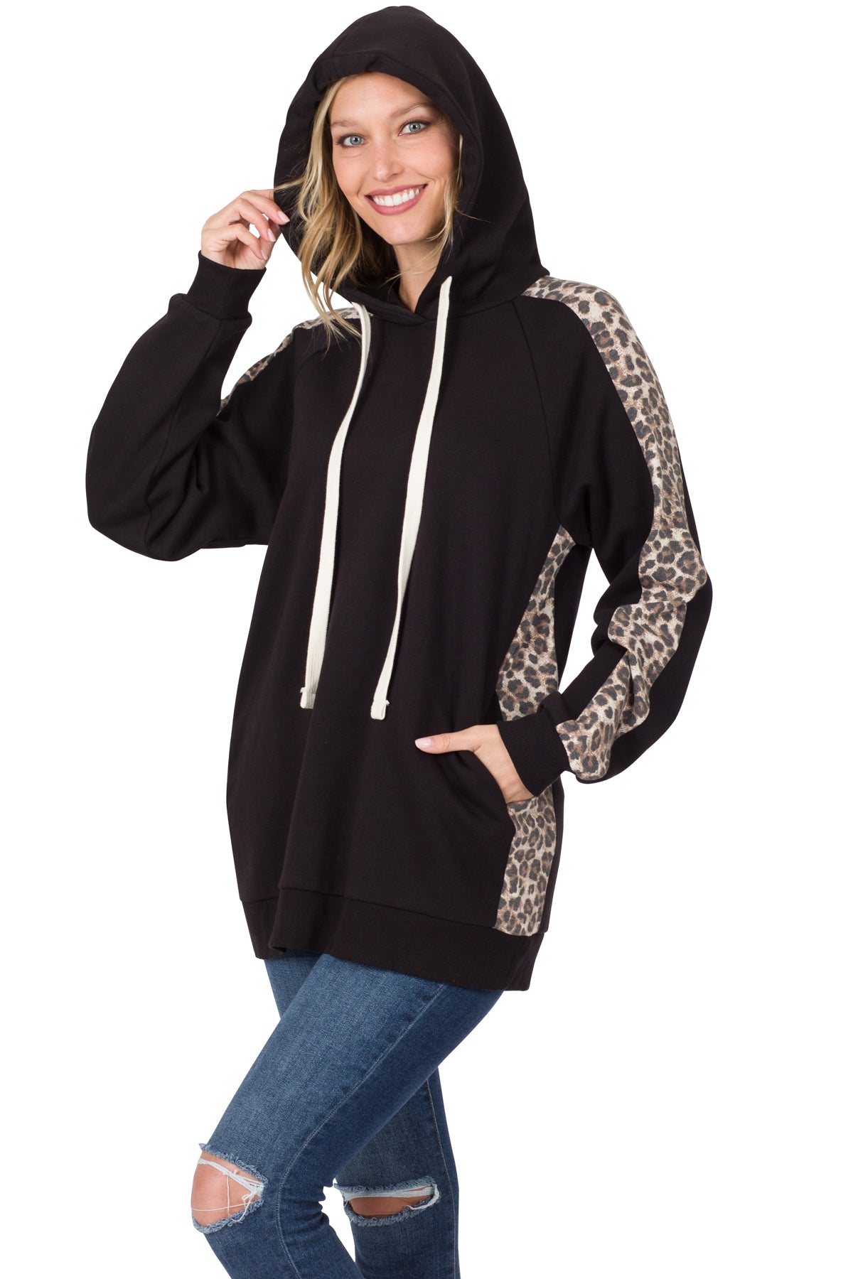CONTRAST SIDE PANEL LEOPARD HOODIE