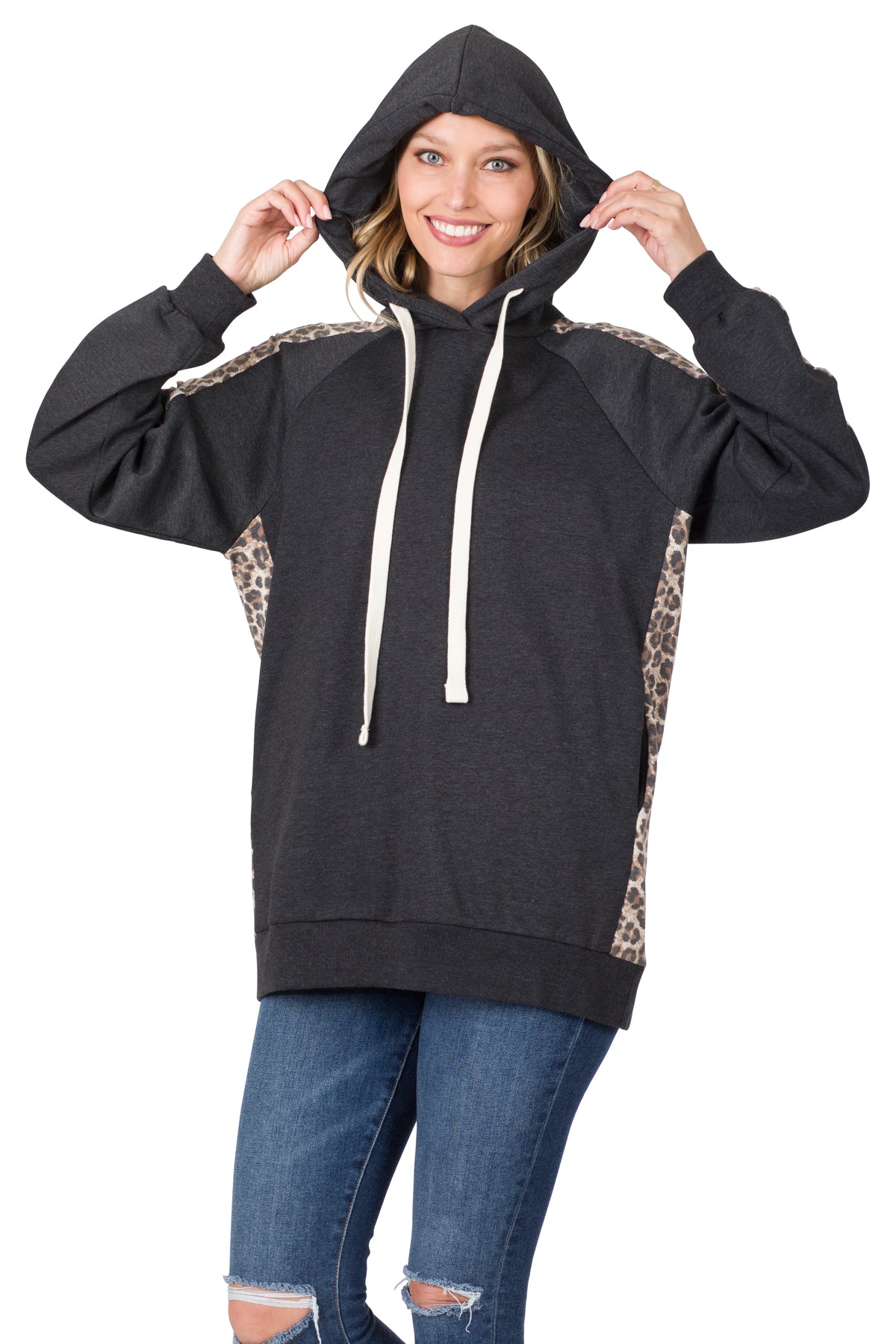CONTRAST SIDE PANEL LEOPARD HOODIE
