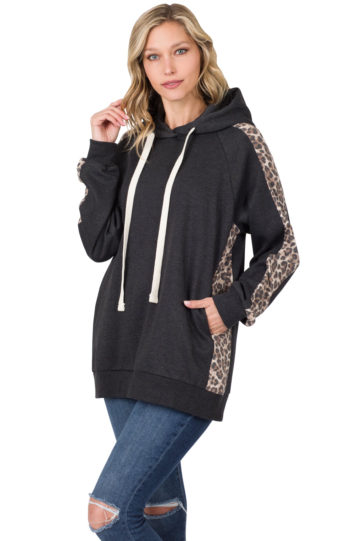 CONTRAST SIDE PANEL LEOPARD HOODIE
