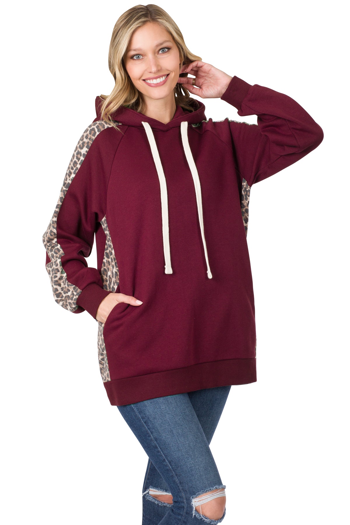 CONTRAST SIDE PANEL LEOPARD HOODIE