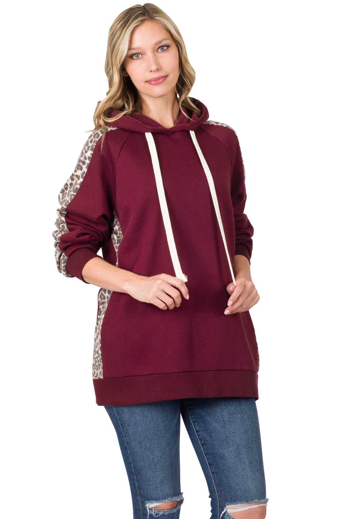 CONTRAST SIDE PANEL LEOPARD HOODIE