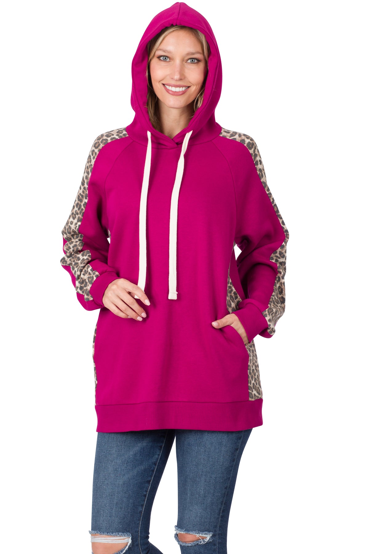 CONTRAST SIDE PANEL LEOPARD HOODIE