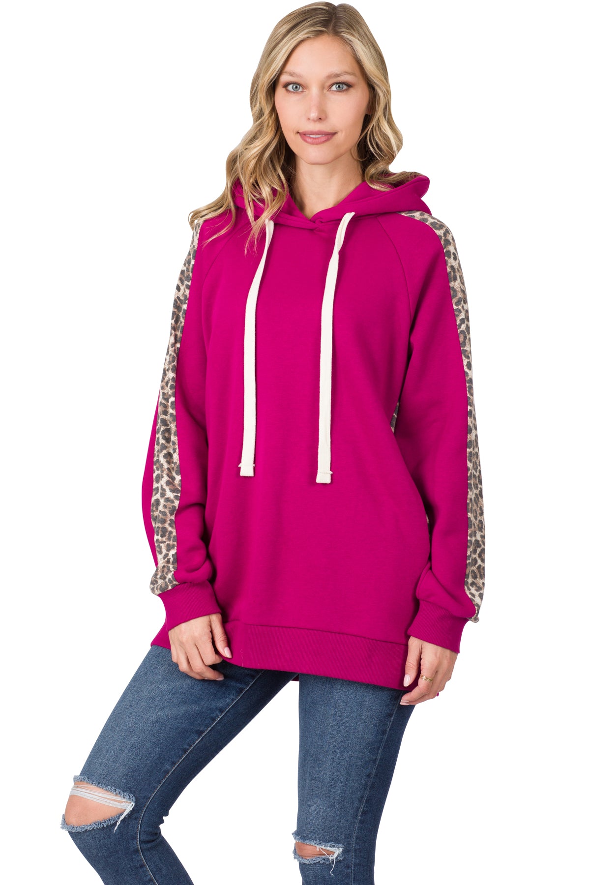 CONTRAST SIDE PANEL LEOPARD HOODIE