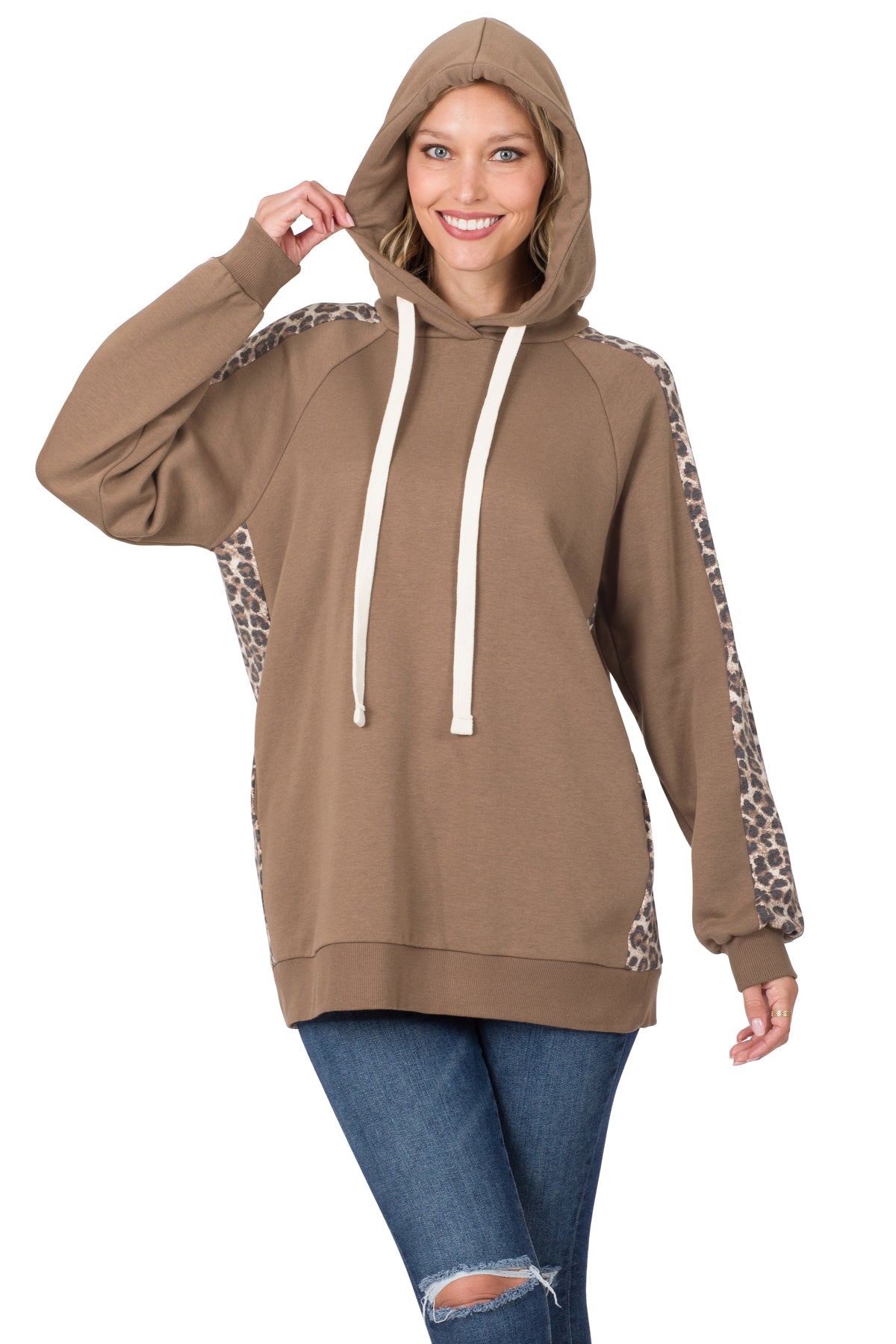 CONTRAST SIDE PANEL LEOPARD HOODIE