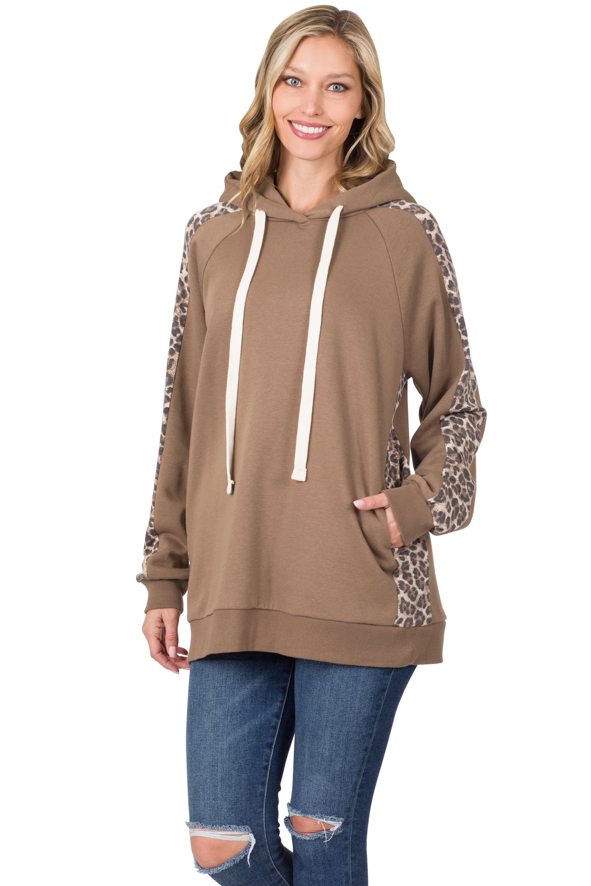 CONTRAST SIDE PANEL LEOPARD HOODIE