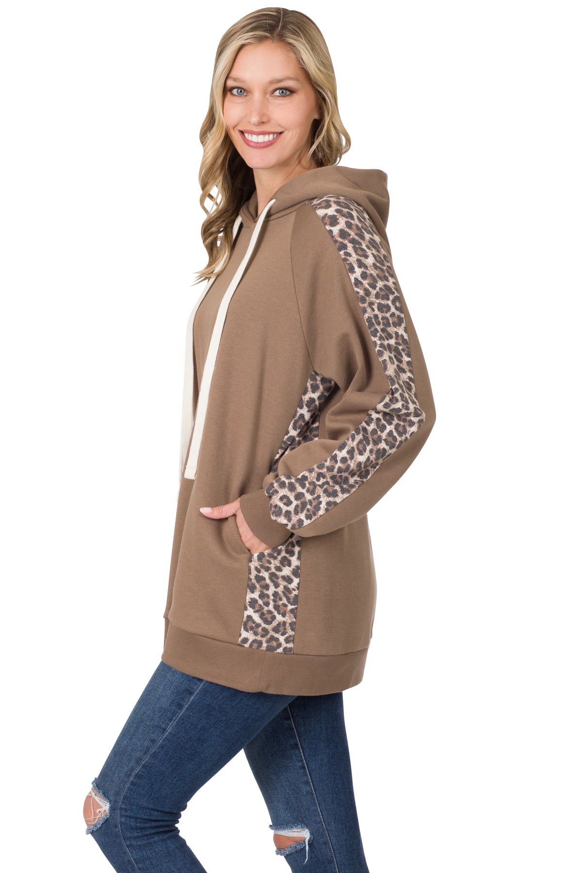CONTRAST SIDE PANEL LEOPARD HOODIE