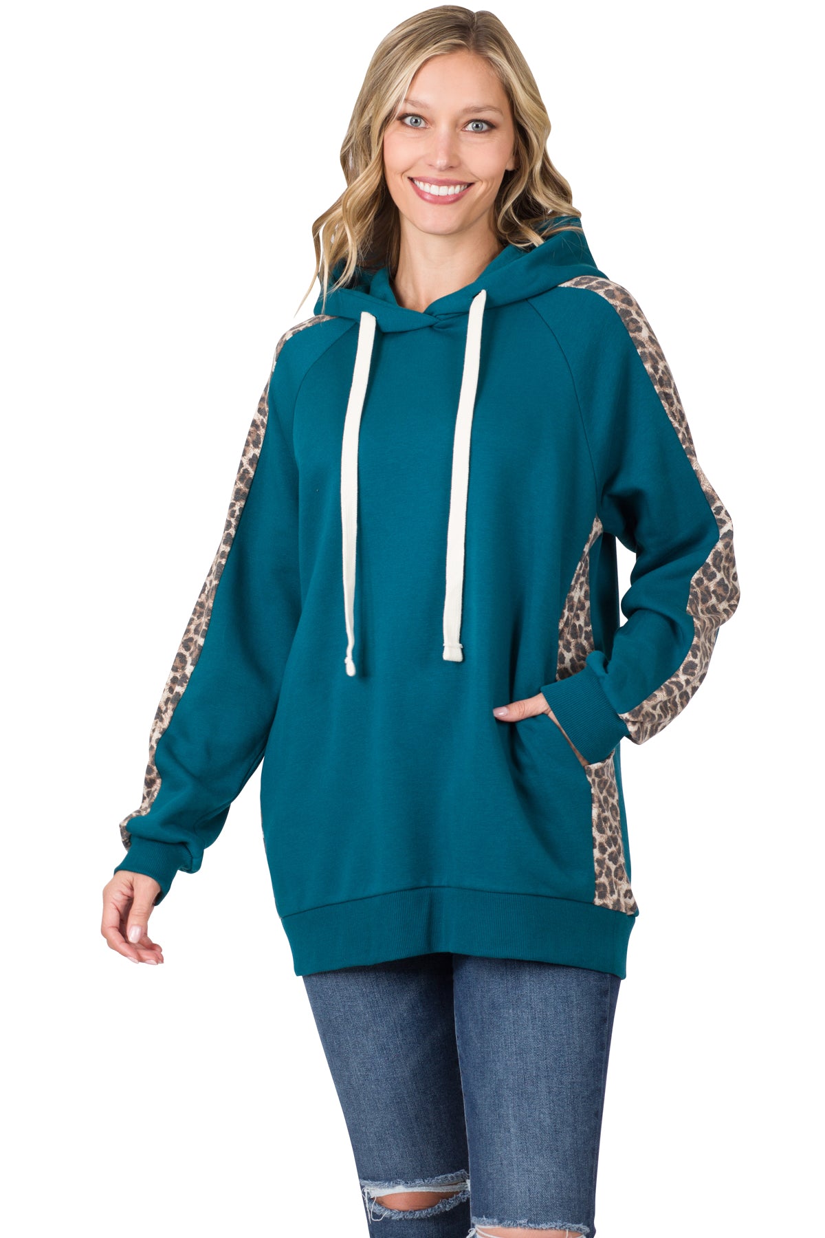 CONTRAST SIDE PANEL LEOPARD HOODIE