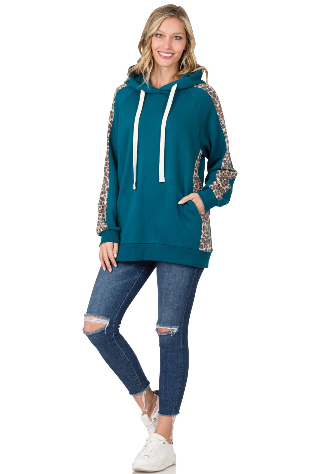 CONTRAST SIDE PANEL LEOPARD HOODIE