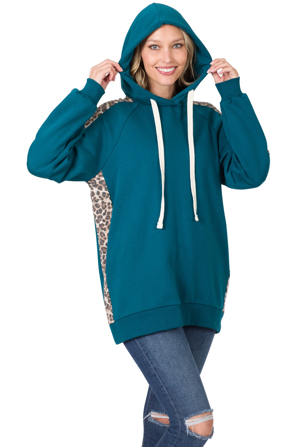 CONTRAST SIDE PANEL LEOPARD HOODIE