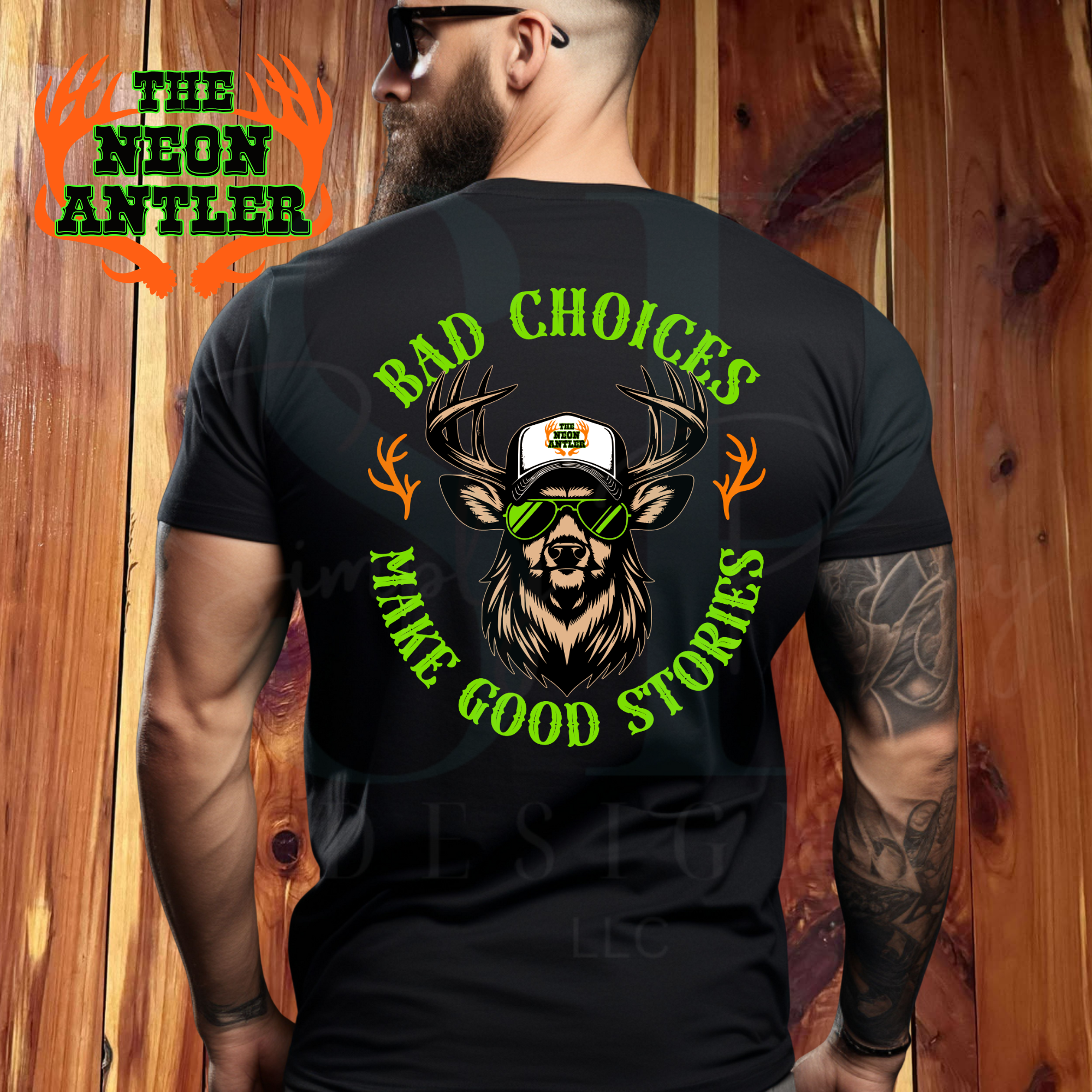 Bad Choices Make Good Stories - The Neon Antler Merch Dayton TX - Green/Orange