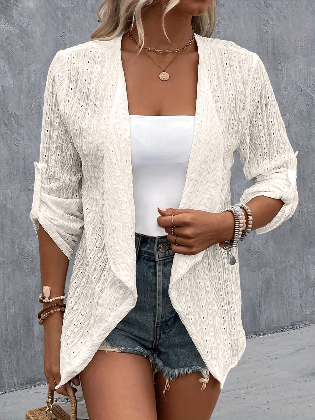 Eyelet Roll-Tab Sleeve Cardigan